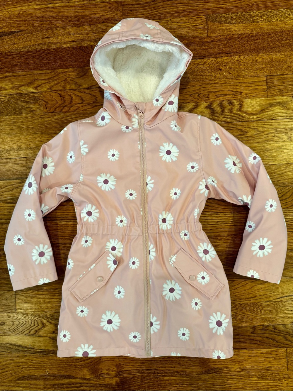 Girls' Pink with Daisy Print Hooded fur lined Raincoat - GC - Size 8